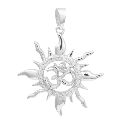White CZ Sun Om Pendant Radiant Spiritual Charm - Sterling Silver