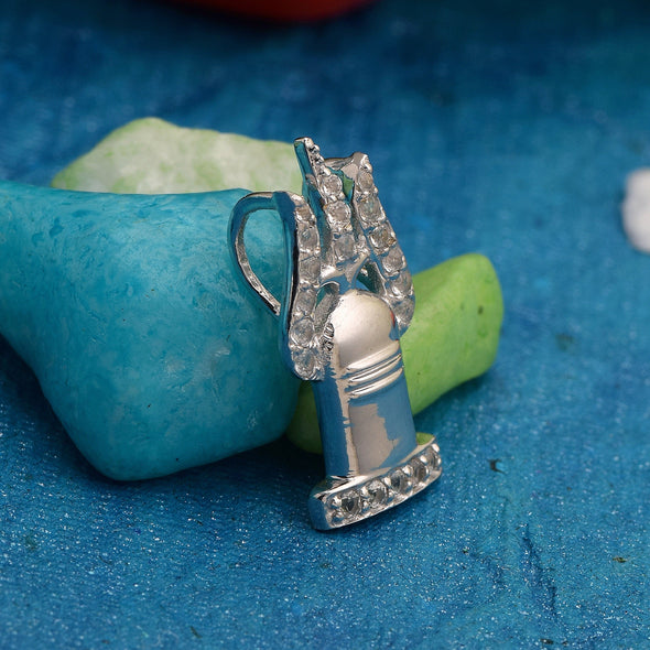 White CZ Shivling Trishul Pendant - Sterling Silver