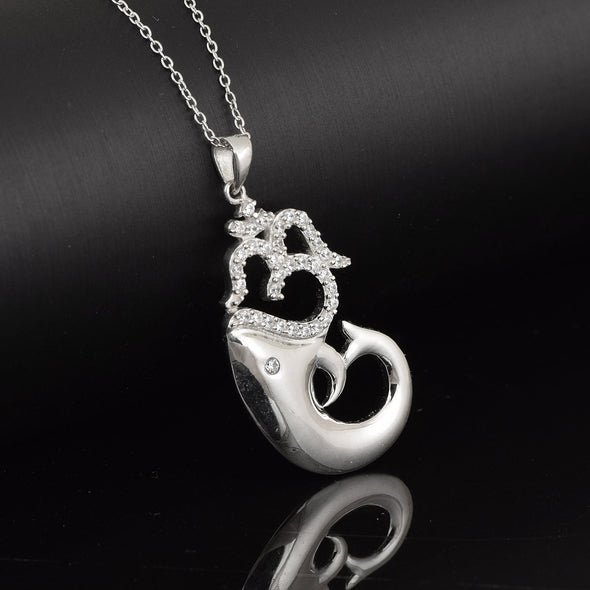 White CZ Om Dolphin Pendant - Sterling Silver