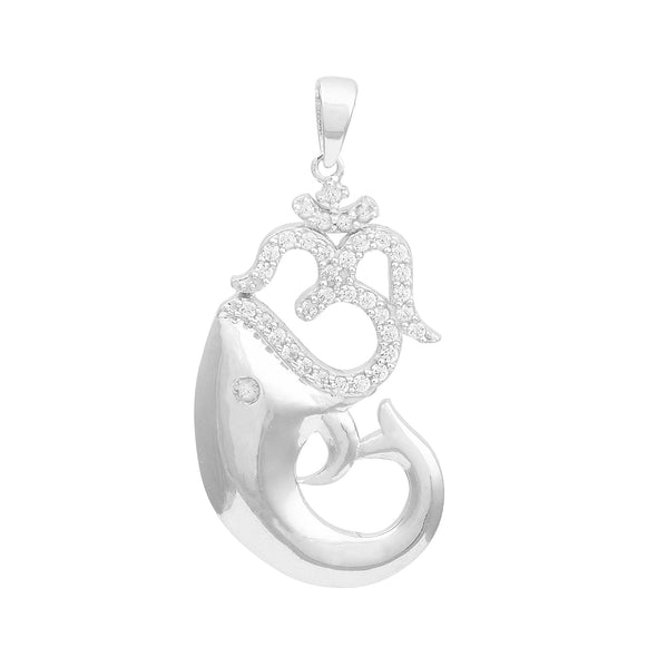 White CZ Om Dolphin Pendant - Sterling Silver