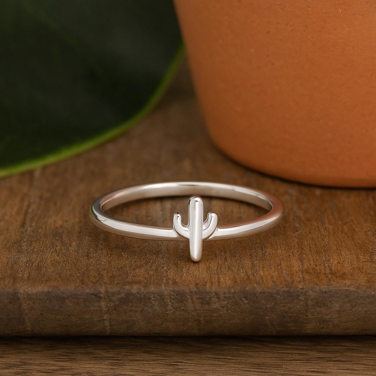 Minimalist Nature-Inspired Cactus Band Ring – Sterling Silver