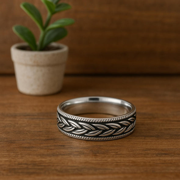 Oxidized Leaf Pattern Unisex Band Ring - Sterling Silver