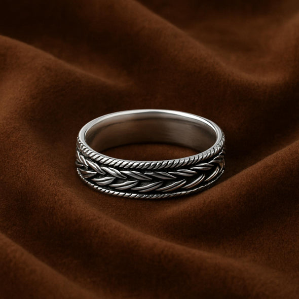Oxidized Leaf Pattern Unisex Band Ring - Sterling Silver