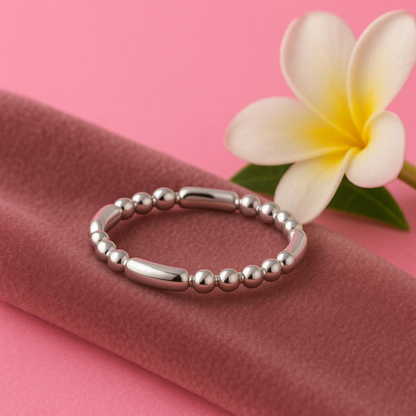 Textured Modern Elongated Bead Band Ring - Sterling Silver