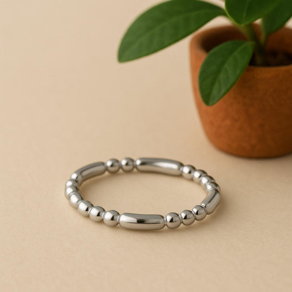 Textured Modern Elongated Bead Band Ring - Sterling Silver