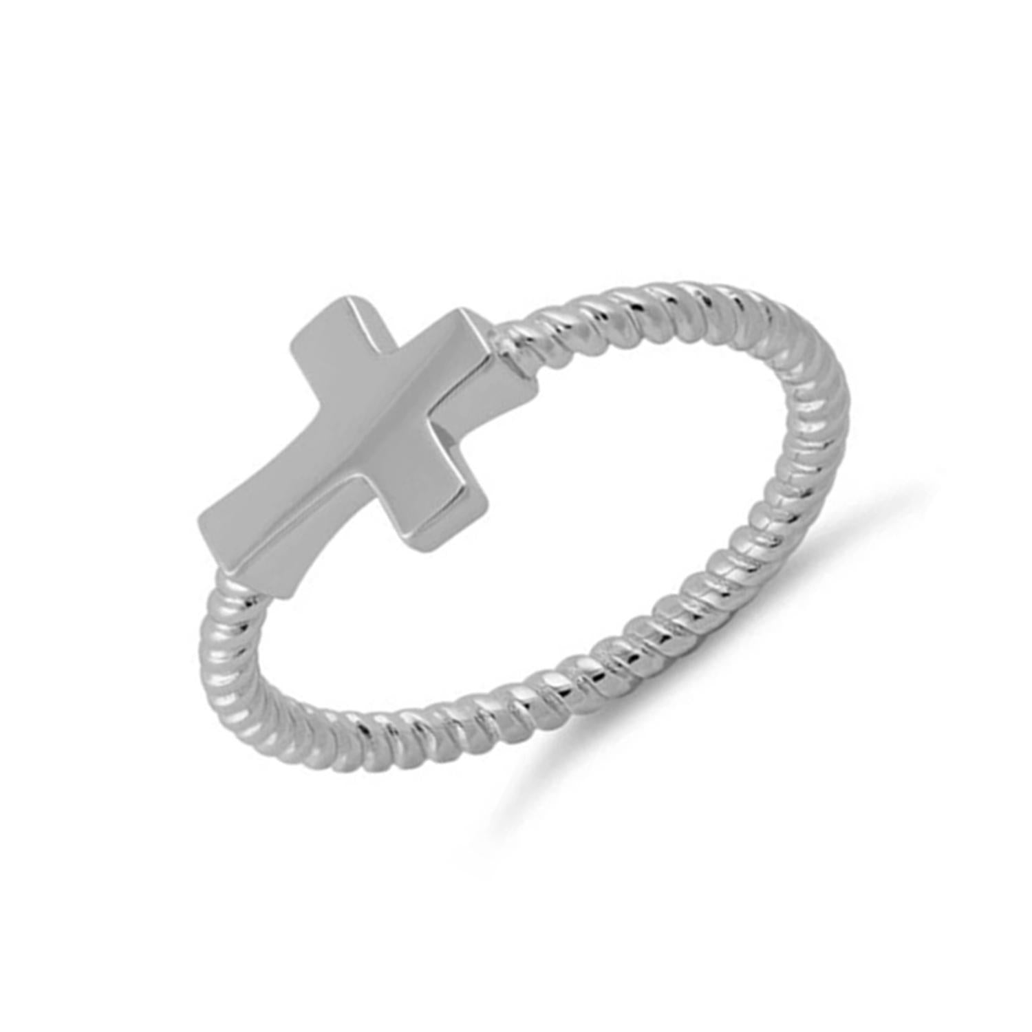 Twisted Rope Band Cross Ring - Sterling Silver