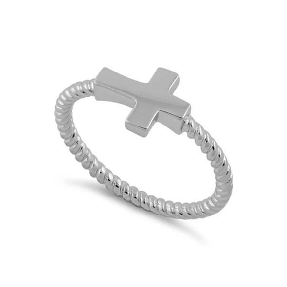 Twisted Rope Band Cross Ring - Sterling Silver