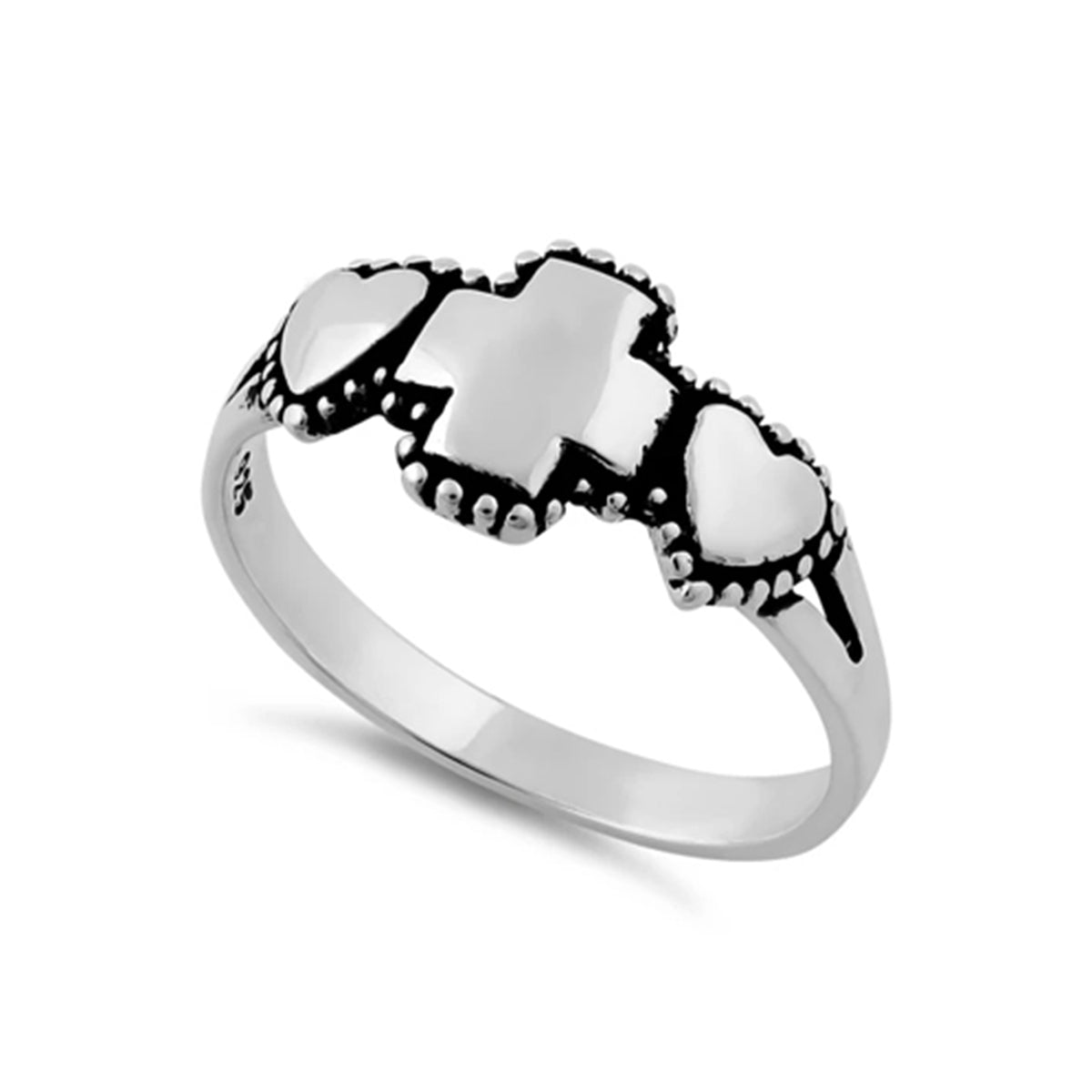 Cross & Double Heart Ring - Sterling Silver Oxidized Plated