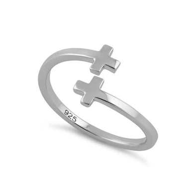Double Cross Open Adjustable Ring - Sterling Silver