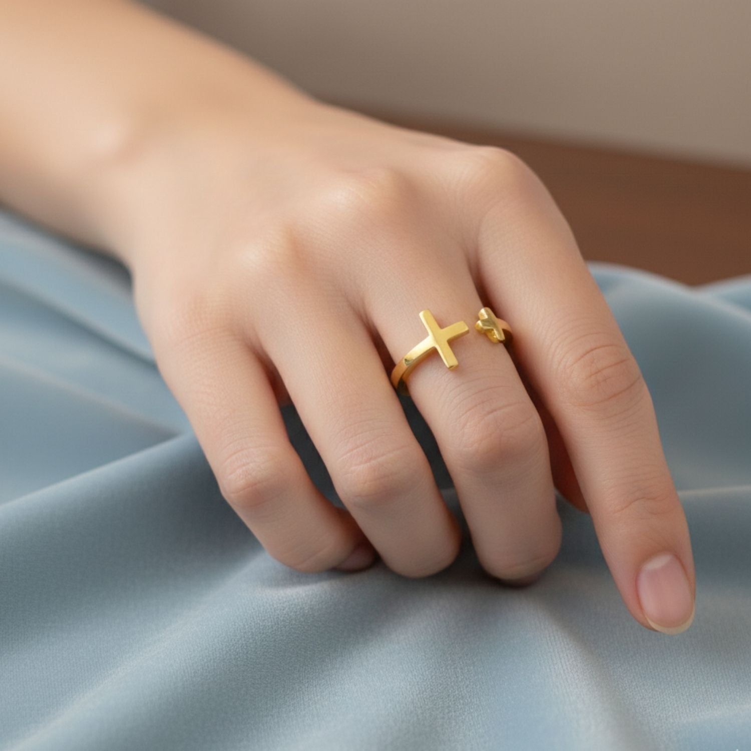 Double Cross Open Band Adjustable Ring - Sterling Silver