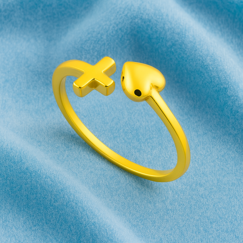 Cross and Heart Open Adjustable Ring - Sterling Silver