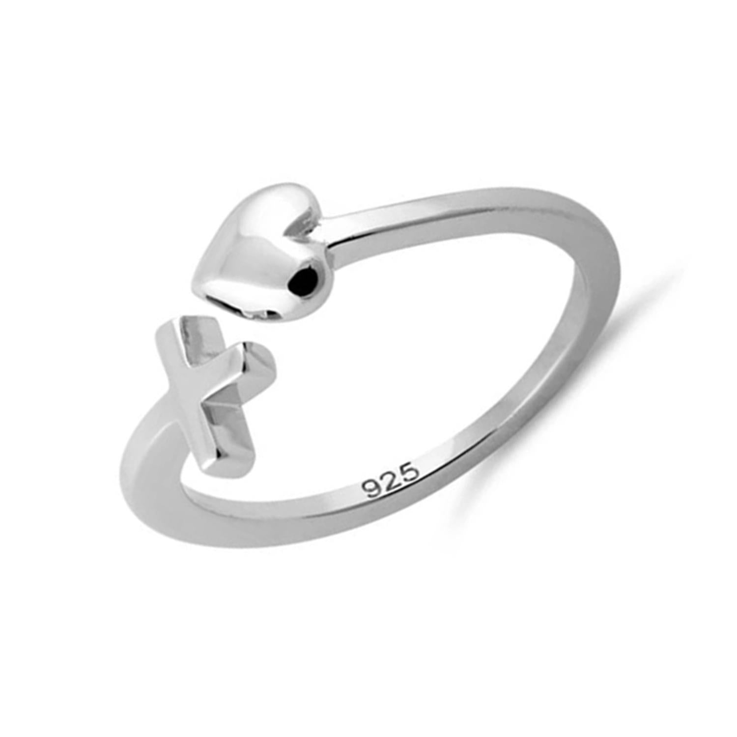Cross and Heart Open Adjustable Ring - Sterling Silver