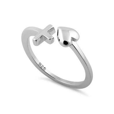 Cross and Heart Open Adjustable Ring - Sterling Silver