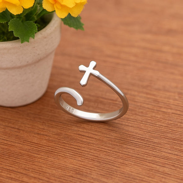 Open Cross Adjustable Ring - Sterling Silver