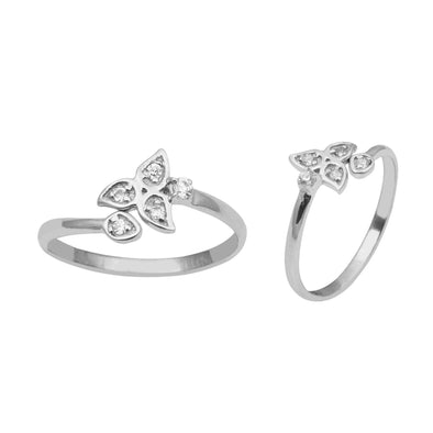 White CZ Trio Leaf Front Open Toe Ring- Sterling Silver