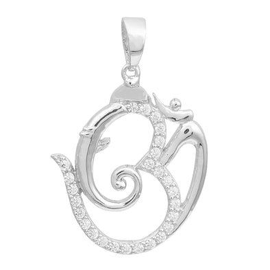 White CZ Om Pendant Spiritual Symbol Design - Sterling Silver
