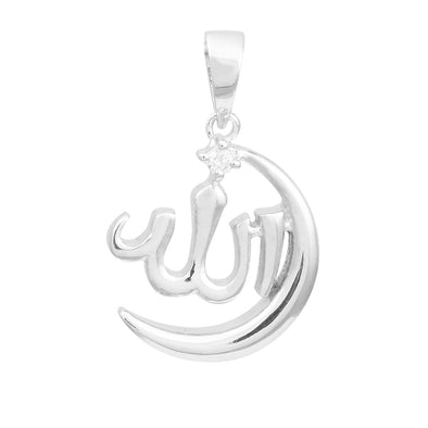 White CZ Allah Crescent Pendant - Sterling Silver