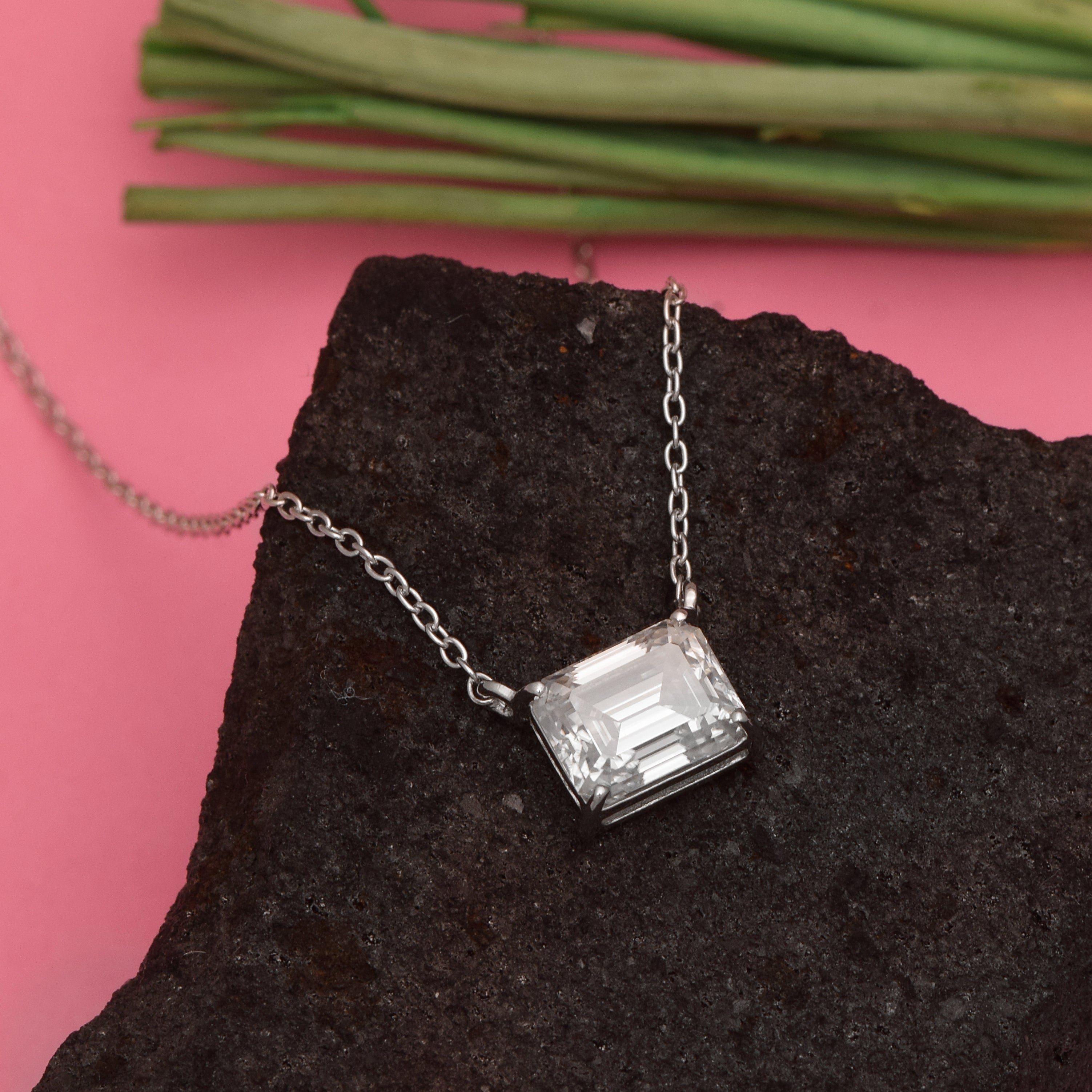 Emerald Cut White CZ Pendant Necklace – 925 Sterling Silver