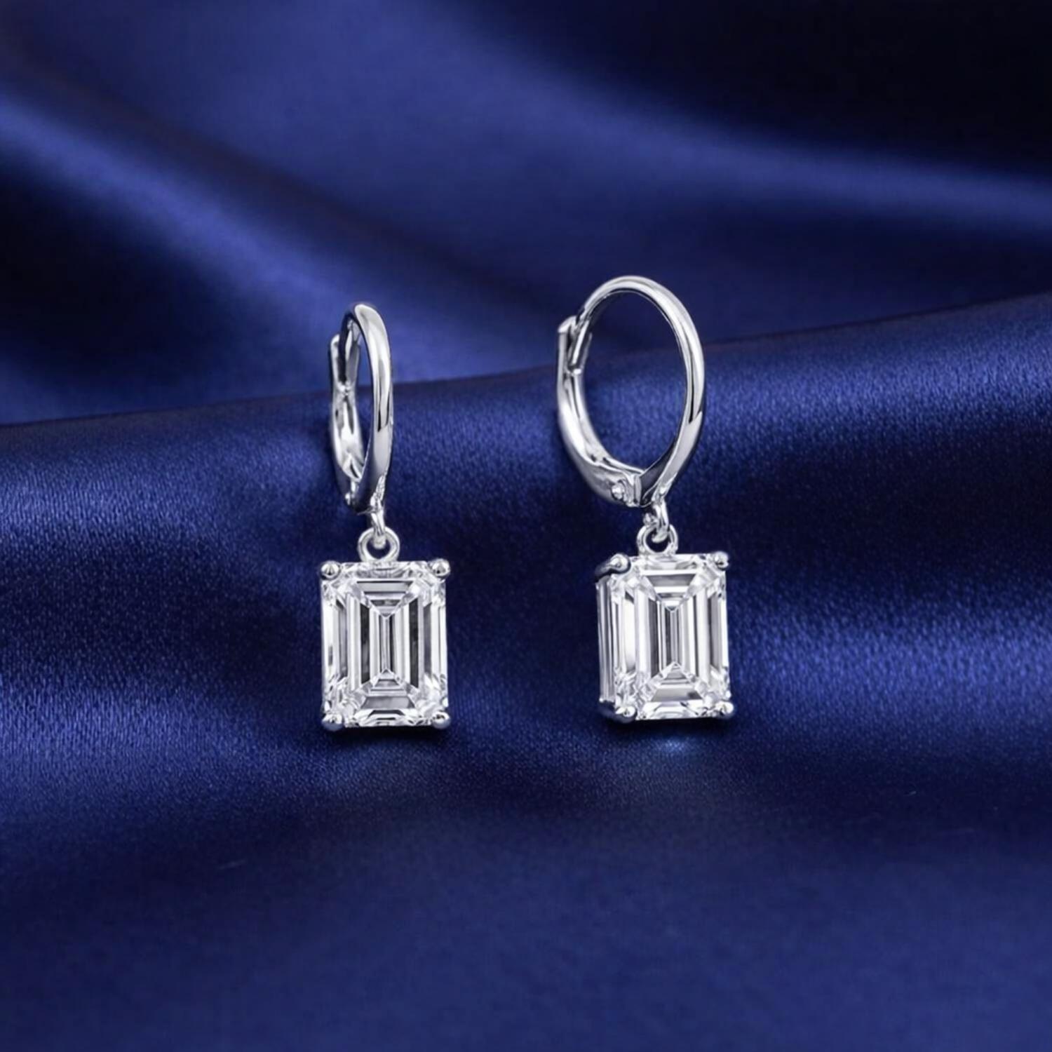 Emerald Cut White CZ Drop Earrings - 925 Sterling Silver