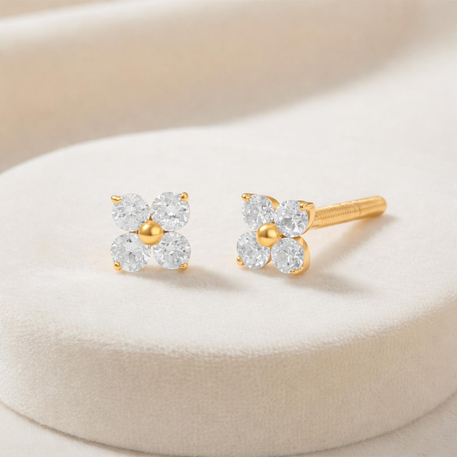 Floral White CZ Stud Earrings - Gold Plated 925 Silver