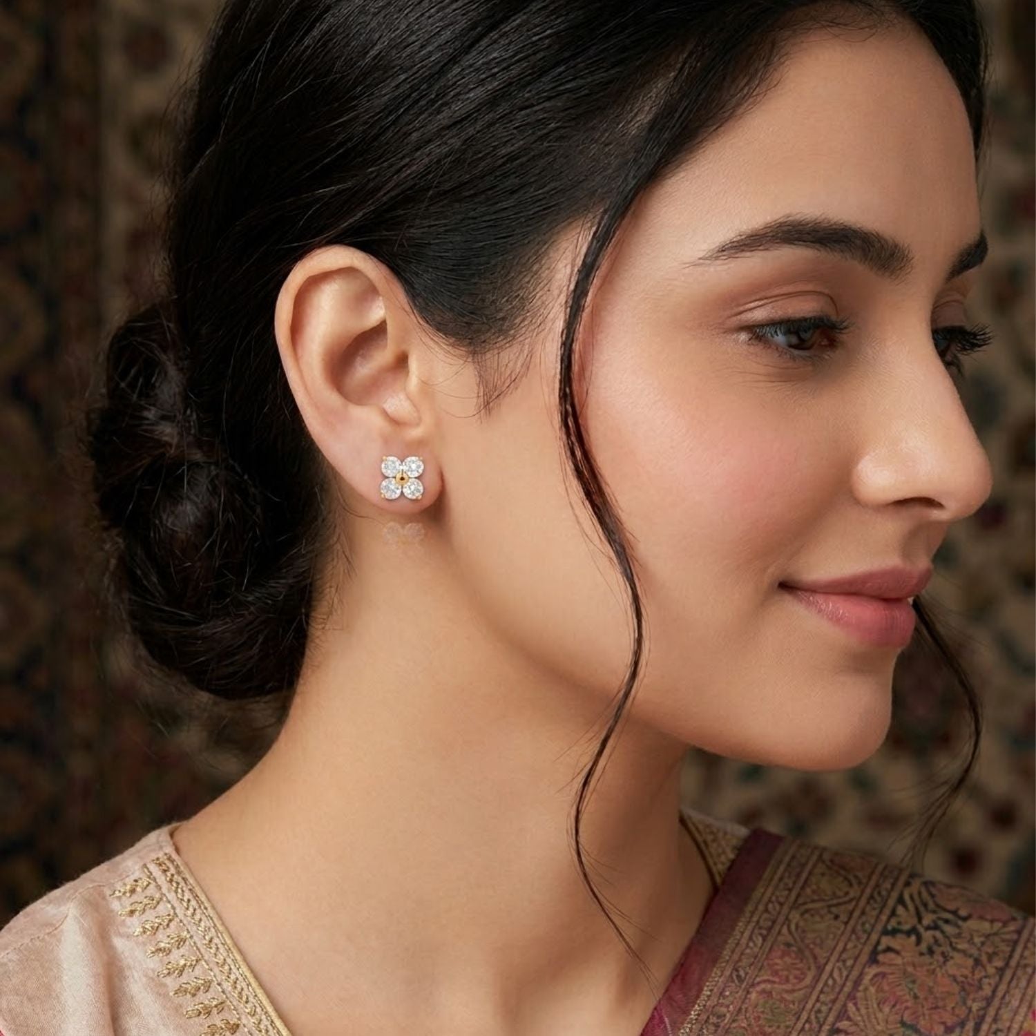 Floral White CZ Stud Earrings - Gold Plated 925 Silver