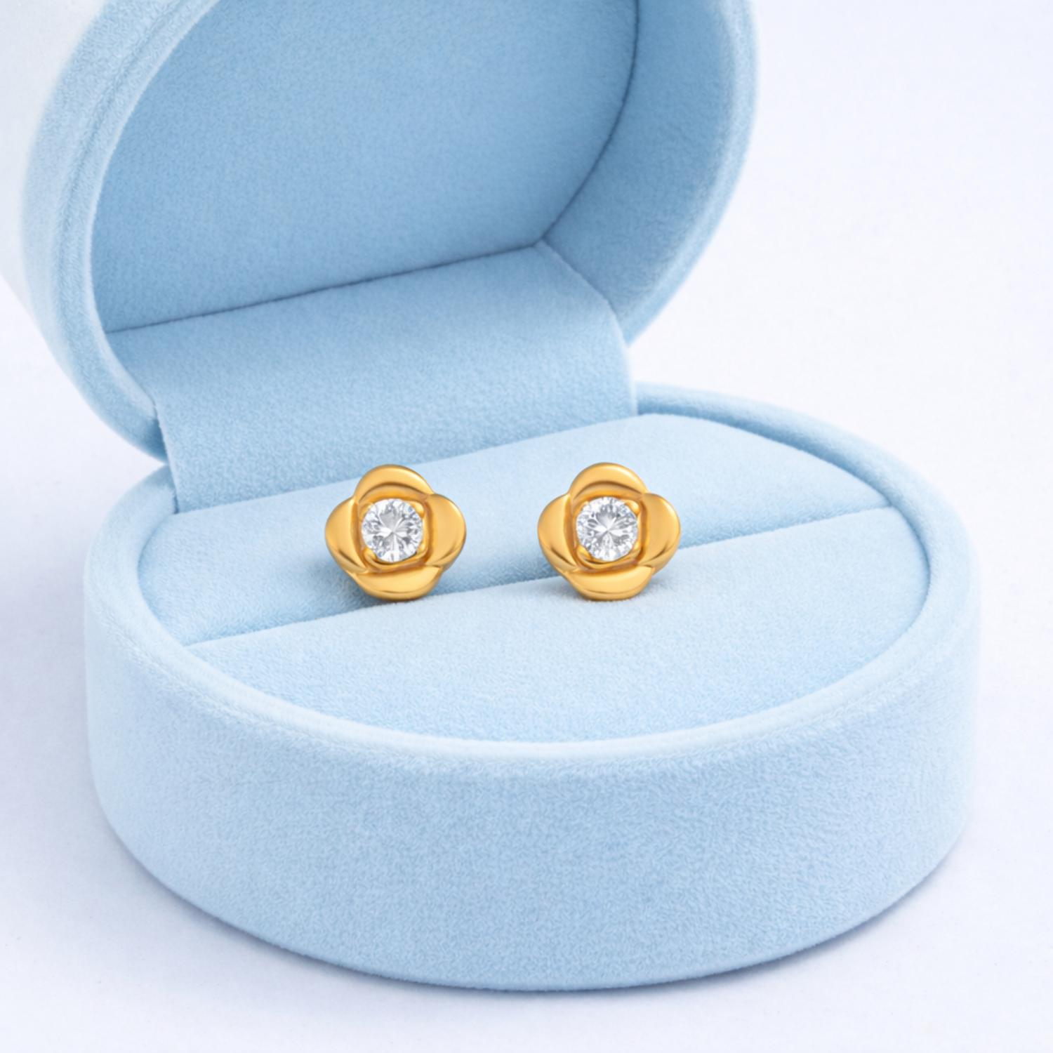 White CZ Floral Stud Earrings - Gold Plated 925 Silver