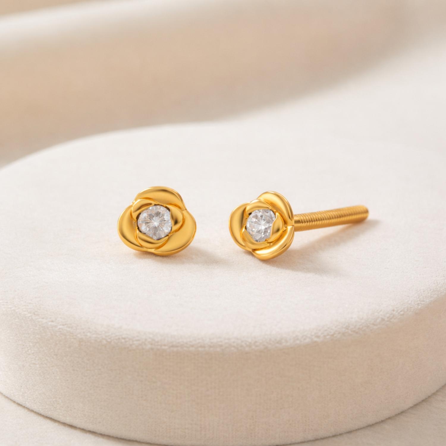 White CZ Floral Stud Earrings - Gold Plated 925 Silver