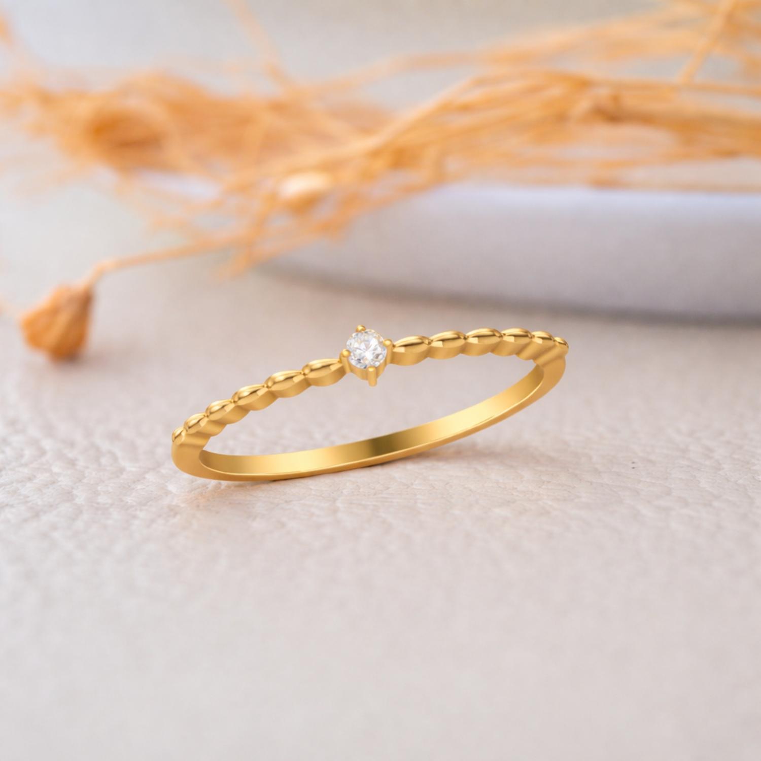 Round White CZ Textured Band Minimal Solitaire Ring – Sterling Silver Gold Plated