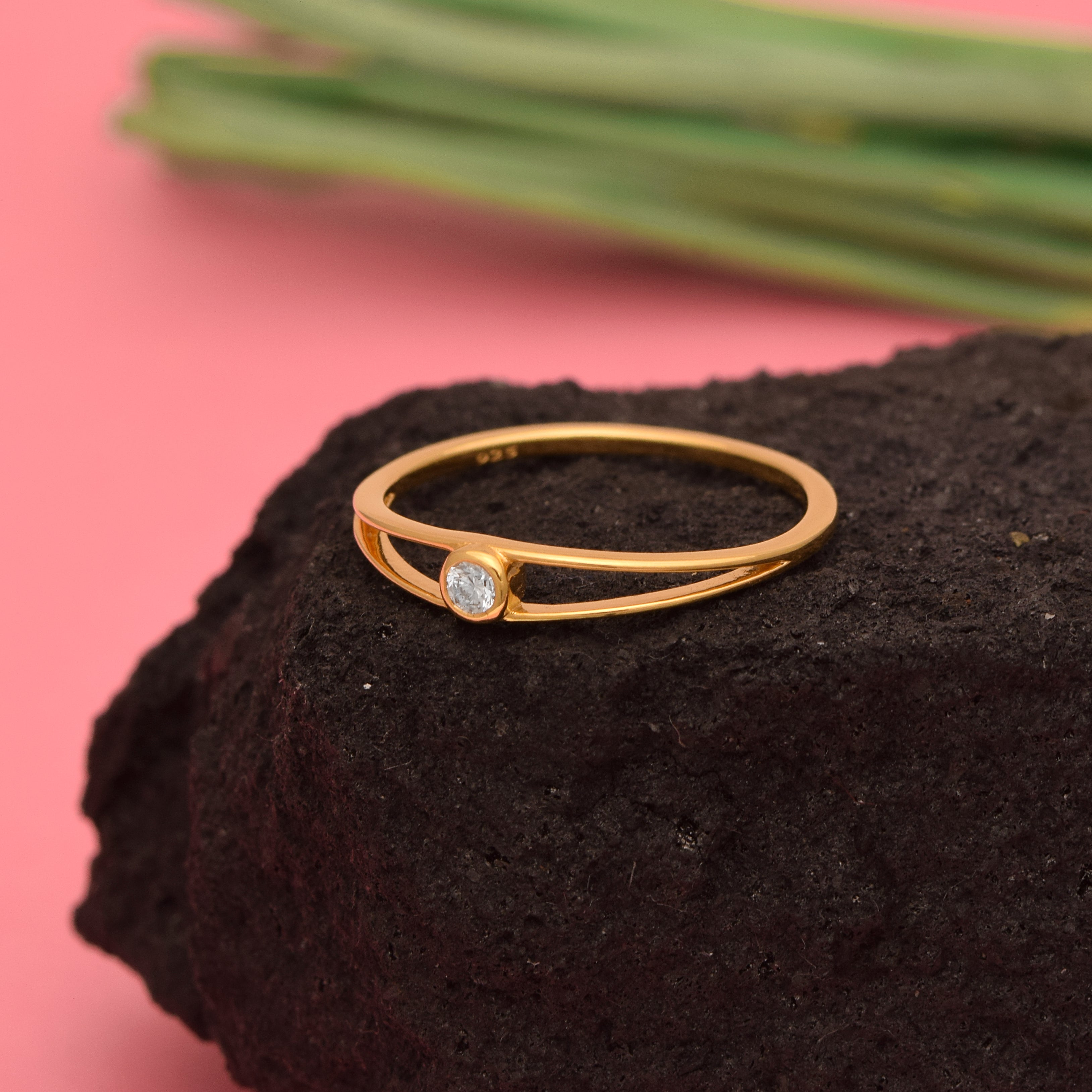 Round White CZ Minimal Bezel Set Open Band Ring – Sterling Silver Gold Plated