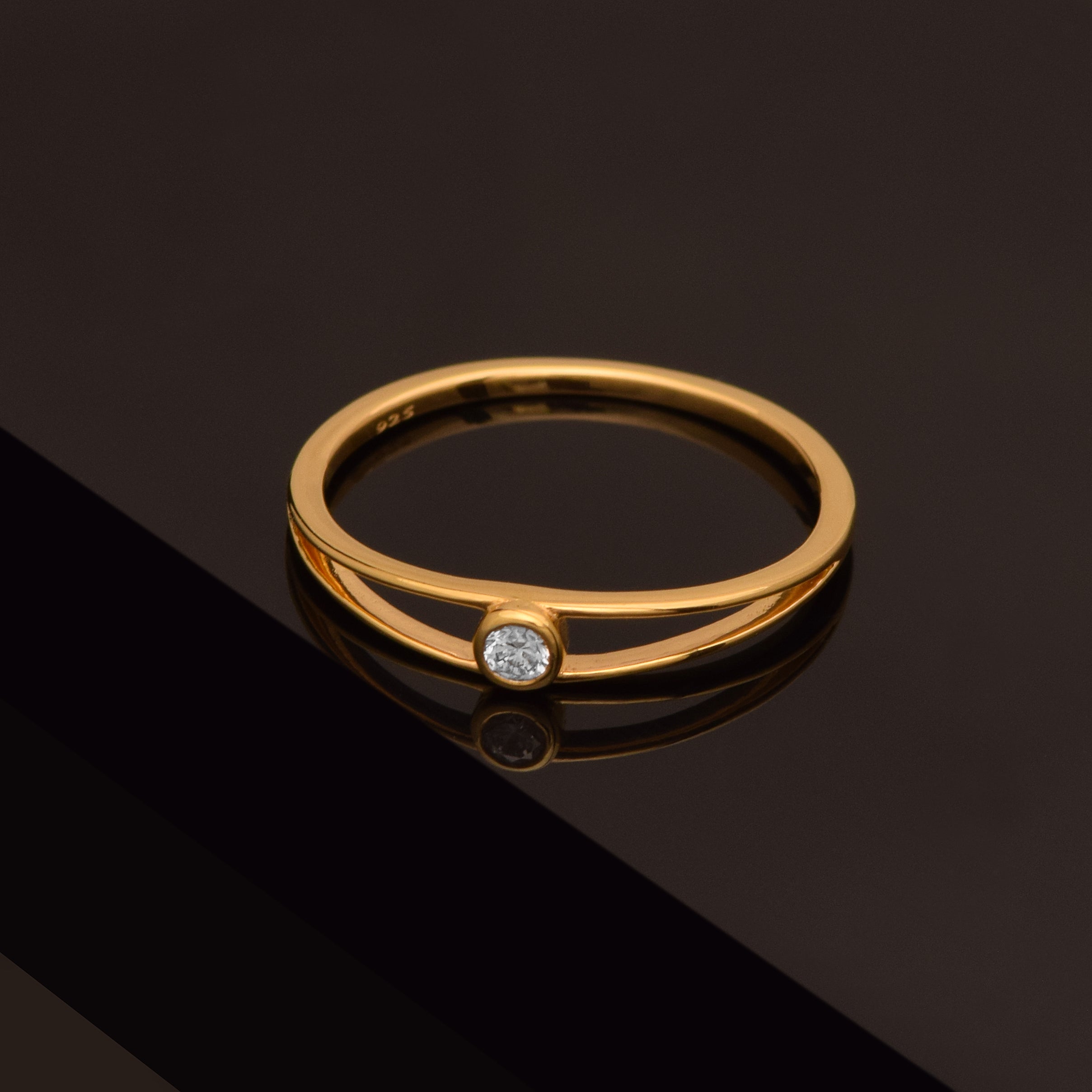 Round White CZ Minimal Bezel Set Open Band Ring – Sterling Silver Gold Plated