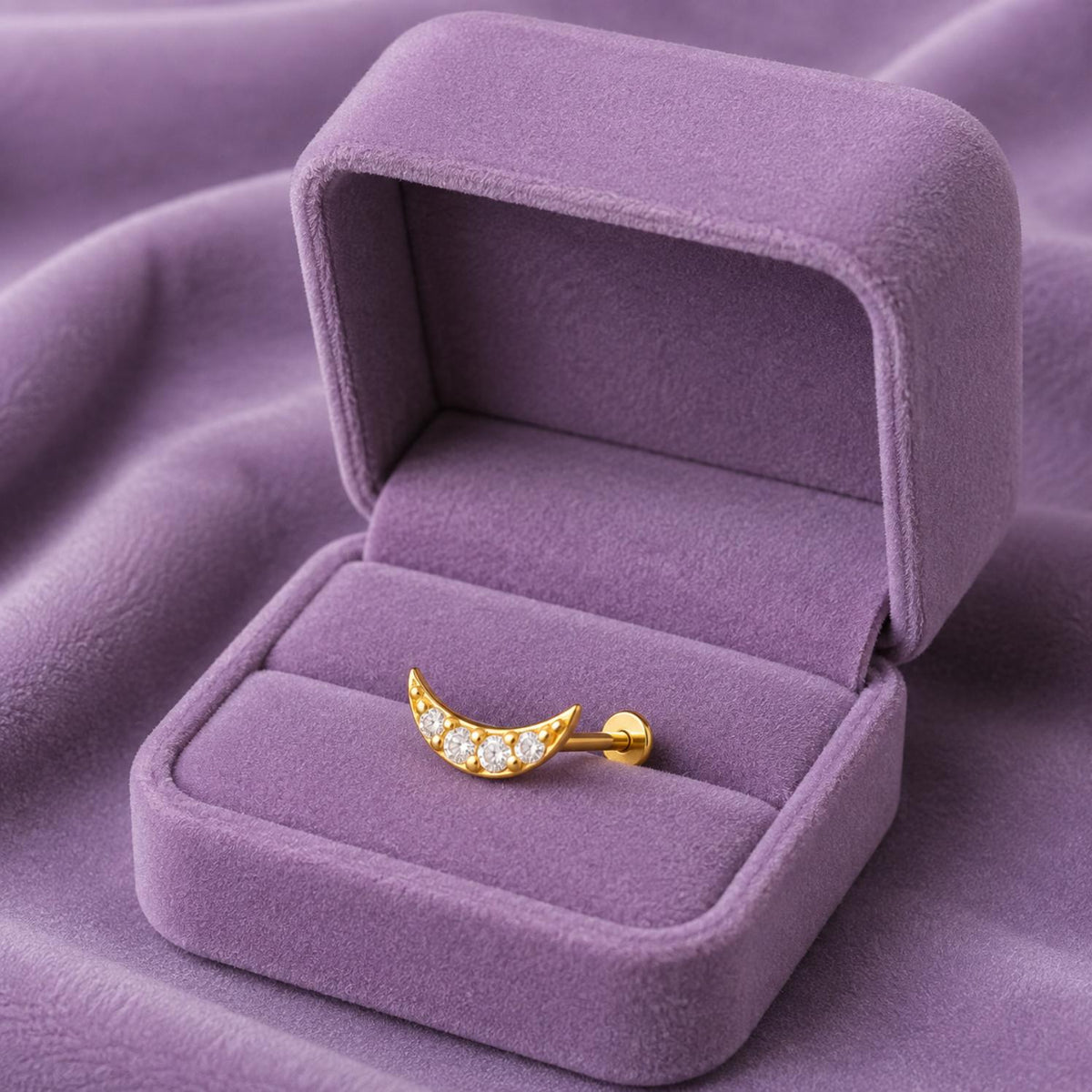 Gold Plated White CZ Crescent Nose Pin – Minimal Celestial Ethnic Design