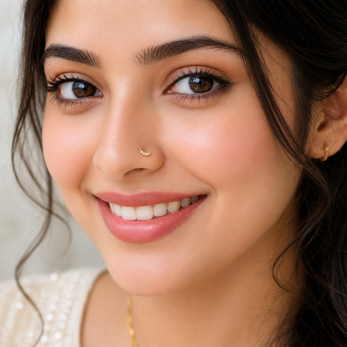 Gold Plated White CZ Crescent Nose Pin – Minimal Celestial Ethnic Design