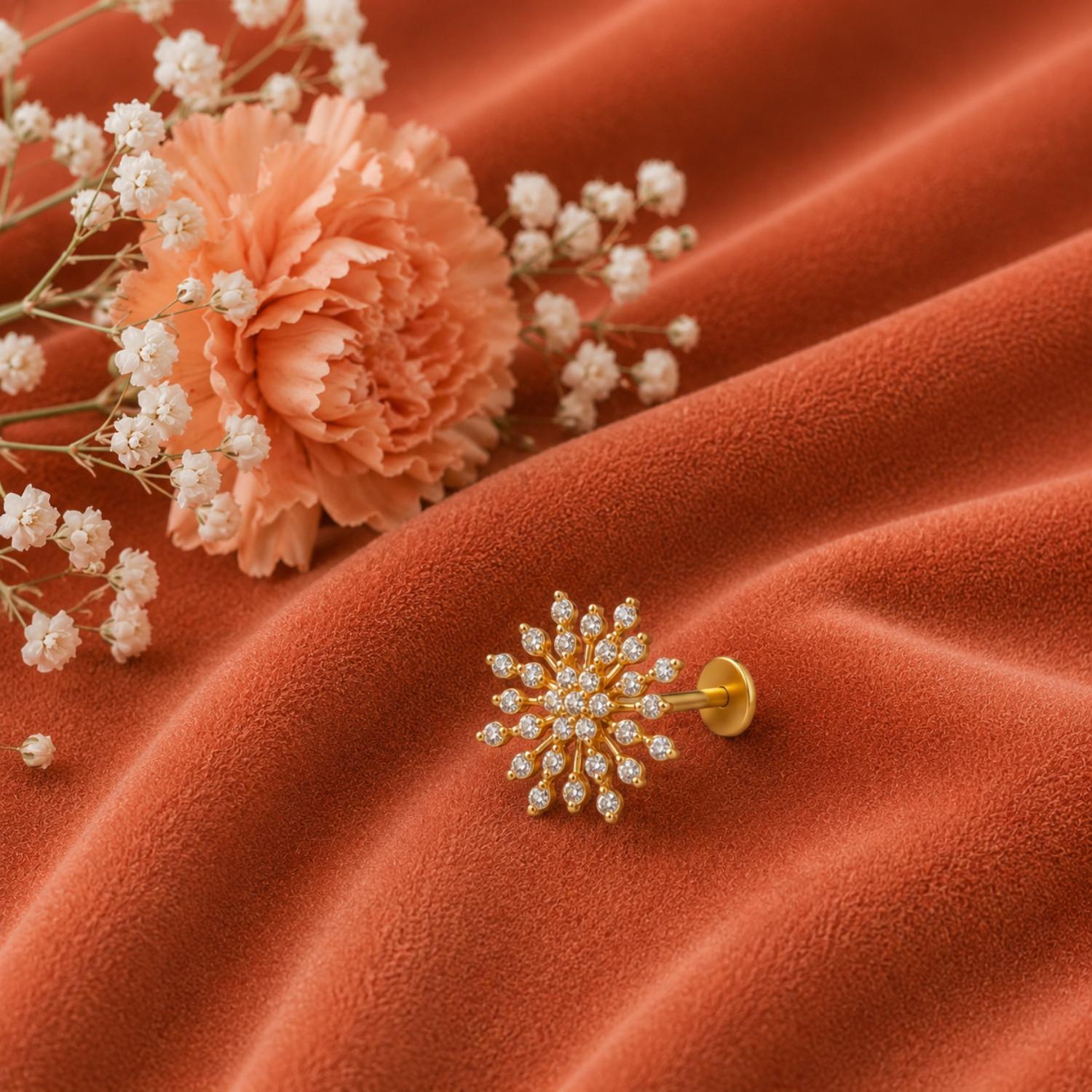 White CZ Snowflake Nose Pin - Gold Plated 925 Sterling Silver