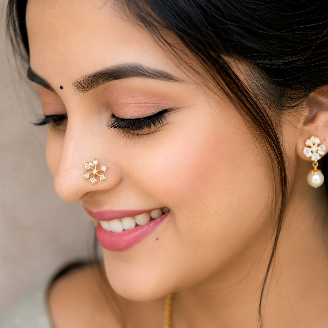 White CZ Star Floral Nose Pin  – Gold Plated Sterling Silver
