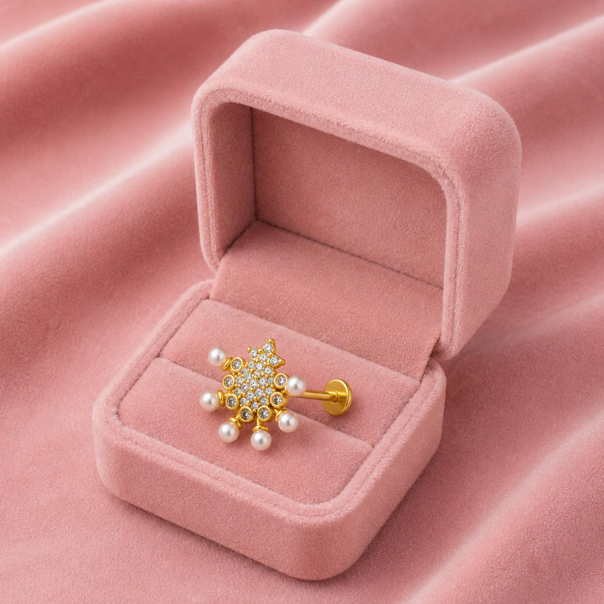Pearl & White CZ Stone Snowflake Nose Pin - Gold Plated 925 Silver
