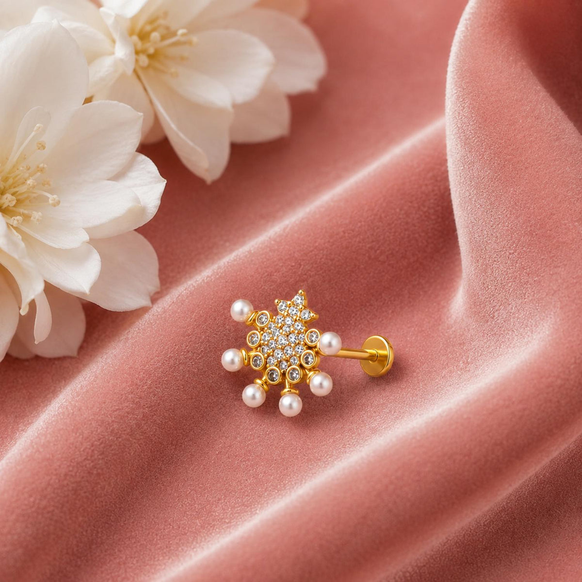 Pearl & White CZ Stone Snowflake Nose Pin - Gold Plated 925 Silver