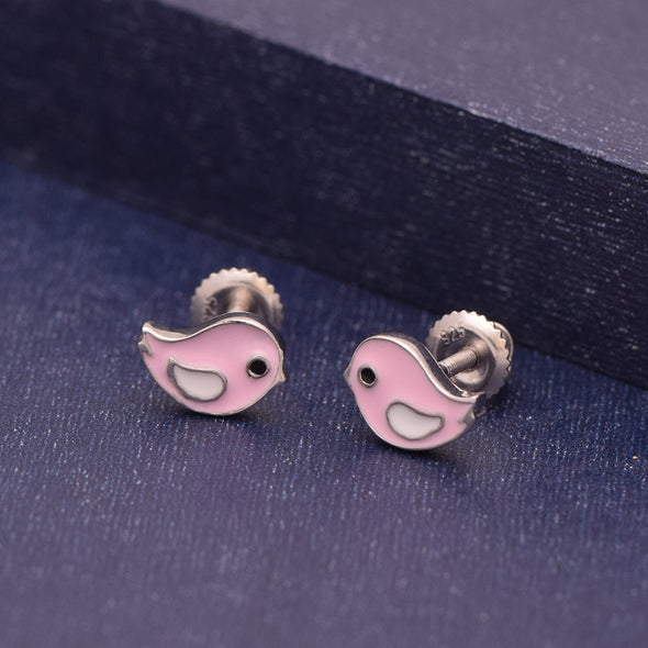 Pink Enamel Bird Stud Earring – Sterling Silver