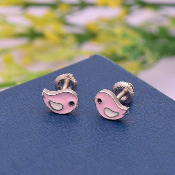 Pink Enamel Bird Stud Earring – Sterling Silver