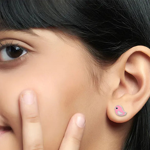 Pink Enamel Bird Stud Earring – Sterling Silver