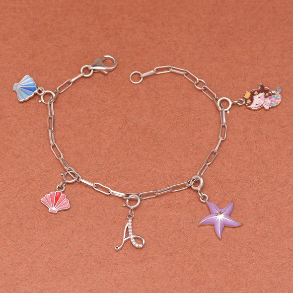 Mermaid Charm Bracelet with Initial "A" – Sterling Silver for Kids