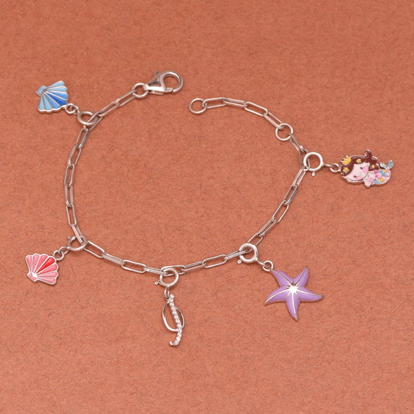 Mermaid Charm Bracelet with Initial "J" – 925 Sterling Silver for Kids