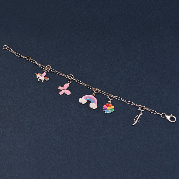 Unicorn & Rainbow Charm Bracelet with Initial "J" – Sterling Silver for Kids