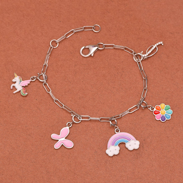 Unicorn & Rainbow Charm Bracelet with Initial "J" – Sterling Silver for Kids