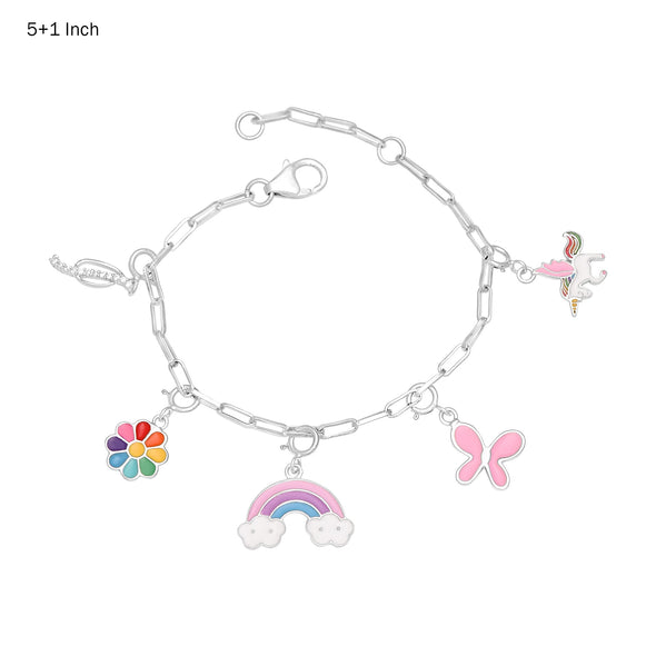 Unicorn & Rainbow Charm Bracelet with Initial "J" – Sterling Silver for Kids