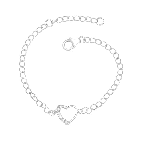 White Stone Round Open Heart Bracelet – Sterling Silver