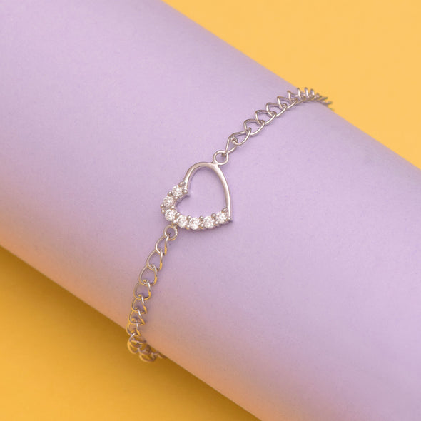White Stone Round Open Heart Bracelet – Sterling Silver