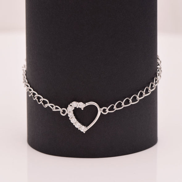 White Stone Round Open Heart Bracelet – Sterling Silver