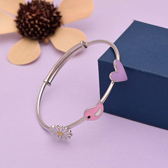 Daisy, Bird & Heart Design Charm Bangle – Sterling Silver
