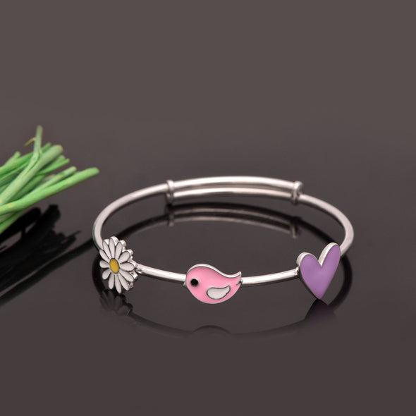 Daisy, Bird & Heart Design Charm Bangle – Sterling Silver