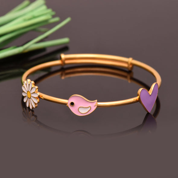 Daisy, Bird & Heart Charm Bangle – Sterling Silver Gold Plated